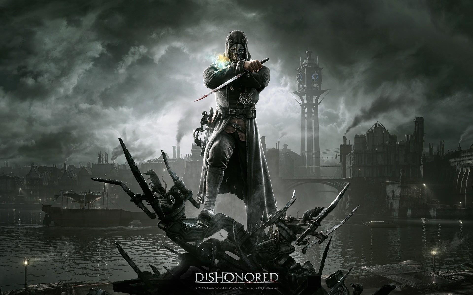 video_games_assassins_dark_steampunk_boats_masks_knives_rivers_mice_bethesda_softworks_rat_dishonored_cities_clocktowers_game_HD_Wallpapers.jpg