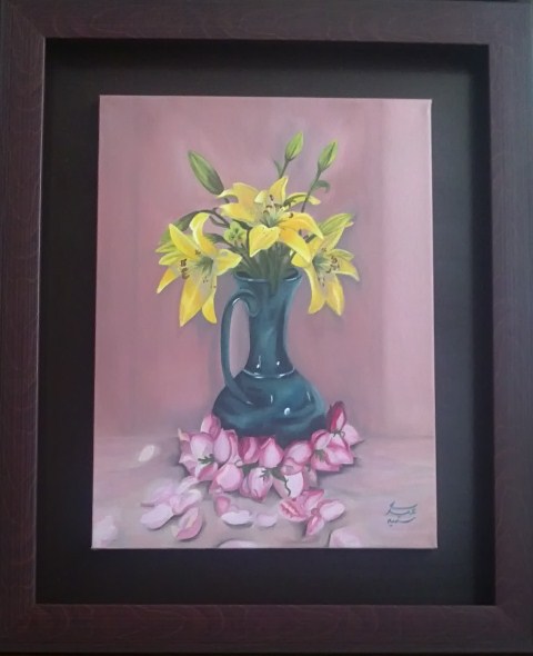 تابلوی رنگ روغن گلدان گلهای لیلیوم
