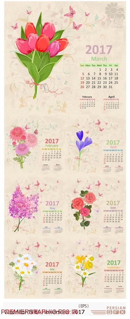 دانلود تصاویر وکتور قالب آماده تقویم 2017 با طرح های گلدار
