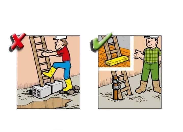 کاریکاتور ایمنی ساخت و ساز (construction) - مهار نمودن صحیح نردبان 