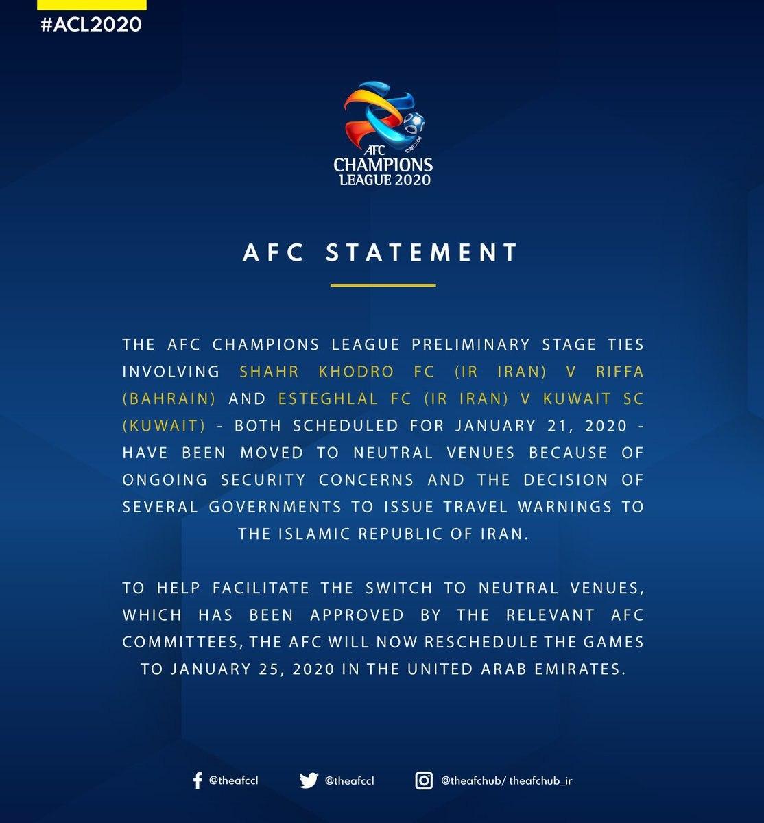 بیانیه رسمی AFC/ امارات میزبان دیدار استقلال و شهر خودرو در آسیا