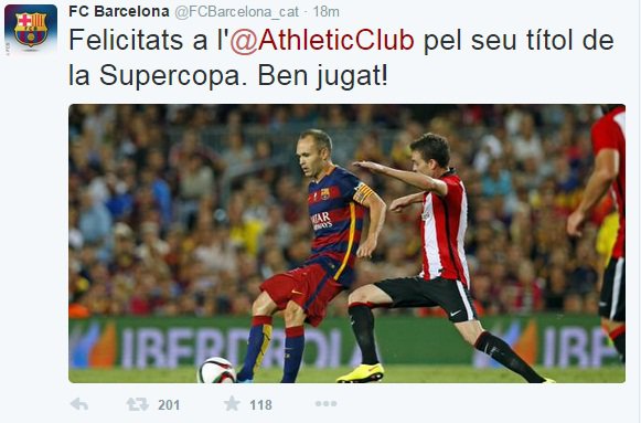 تبریک باشگاه و بازیکنان بارسلونا به تیم فوتبال اتلتیک بیلبائو