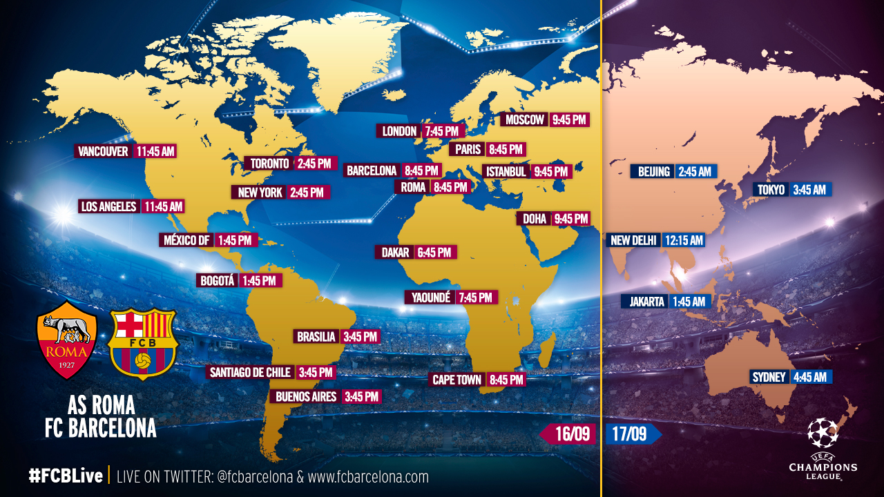زمان بازی بارسلونا و آ.اس رم در کشورهای مختلف